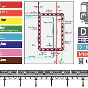 May include: A colorful map of a city's public transit system, featuring lines in red, orange, yellow, green, blue, purple, pink, and brown. Includes train icons and station names.