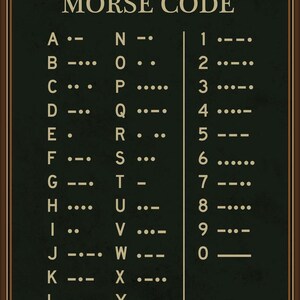 May include: A framed poster displaying the American Morse Code alphabet and numbers. The text "AMERICAN MORSE CODE" is at the top, with letters and numbers paired with their corresponding dot-dash sequences. The background is dark green.
