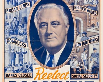 Póster electoral de FDR, impresión artística del movimiento obrero estadounidense (12 x 18)