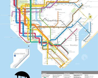 Impresión artística con diagrama del metro de Nueva York / Decoración de pared retro (24 x 36)