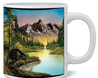 Taza Bob Ross con pintura de Mountain Retreat, taza retro de 355 ml