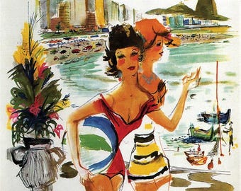 Laminated Rio de Janeiro Brazil Travel Poster, Vintage Airline Art (24x36)
