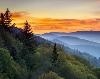 Póster con impresión artística fotográfica del amanecer en el Parque Nacional de las Grandes Montañas Humeantes