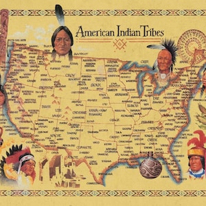 American Indian Tribes At Time Of Columbus Arrival Vintage Map Poster