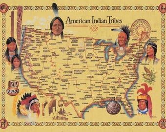 American Indian Tribes At Time Of Columbus Arrival Vintage Map Poster