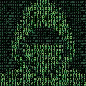 May include: Abstract digital art with a black background filled with green binary code numbers forming a silhouette of a person's head. The numbers create the shape.