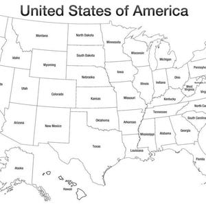 May include: A black and white map of the United States of America, with each state outlined and labeled. The title "United States of America" is at the top of the image.