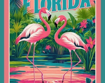 Könnte beinhalten: Eine farbenfrohe Illustration mit zwei rosa Flamingos in einer tropischen Umgebung. Das Wort "FLORIDA" steht oben. Die Szene zeigt üppiges grünes Laub, rosa Blüten und eine rosa-blaue Wasserszene, eingerahmt in Rosa und Türkis.
