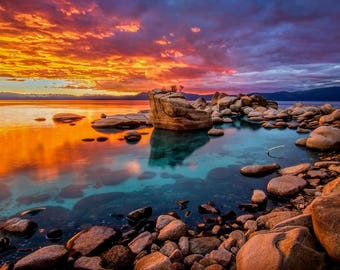 Lake Tahoe Sunset Photo Poster: Rocky Shore Art Print (18x12)