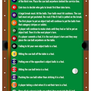 May include: A green and brown pool table with a cue stick and a white cue ball. The image displays the rules of 8-ball, with numbered points and descriptions. The text is in white and yellow.