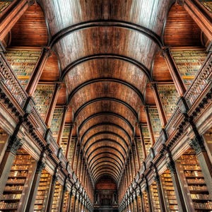 May include: A wide-angle shot of a library interior with rows of bookshelves and a wooden arched ceiling. The shelves are filled with books, and the warm lighting creates a sense of depth and history. The architecture is symmetrical.