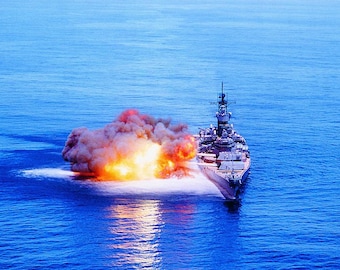 Battleship USS Iowa BB61 Firing Guns Warship At Sea Ocean Destroyer Photo Photograph Cool Wall Art Print Poster 24x16