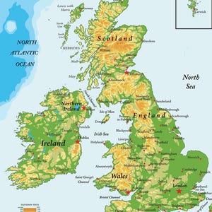 United Kingdom Ireland Scotland Topographical City Atlantic Ocean Map Cool Wall Art Print Poster