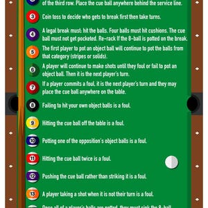May include: A rectangular poster titled Rules of 8-Ball featuring a green pool table graphic, a brown cue stick, and fifteen numbered billiard balls. The text lists fifteen specific gameplay instructions and foul rules for the game of 8-ball.