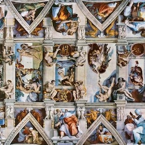 May include: A detailed section of the Sistine Chapel ceiling, showcasing numerous biblical figures in various poses. The artwork features a complex arrangement of painted panels with a muted color palette of browns, blues, and flesh tones.