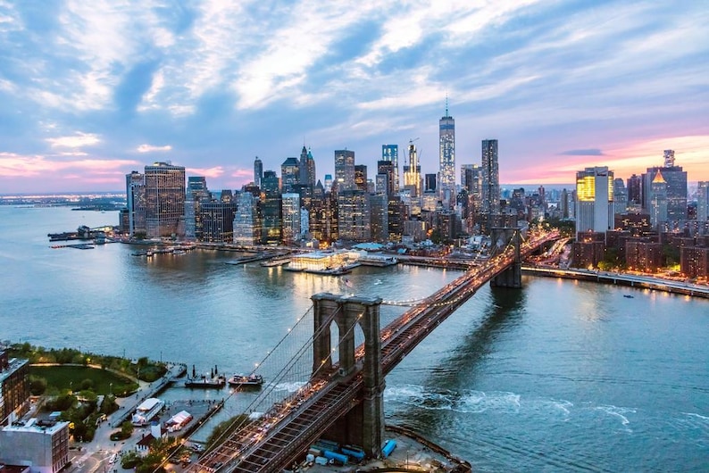 New York City Manhattan Brooklyn Bridge at Dusk Photo Photograph Cool