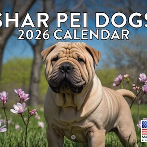 May include: A Shar Pei dog calendar for 2026. The calendar features a close-up of a Shar Pei dog with a wrinkled face, standing in a field of green grass and pink flowers. The text "SHAR PEI DOGS 2026 CALENDAR" is at the top.