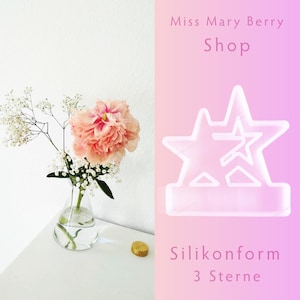 Könnte beinhalten: Eine transparente, sternförmige Silikonform mit dem Text "Miss Mary Berry Shop" und "Silikonform 3 Sterne". Eine Vase mit Blumen, darunter eine rosa Pfingstrose und weißes Schleierkraut, steht auf einer weißen Oberfläche.