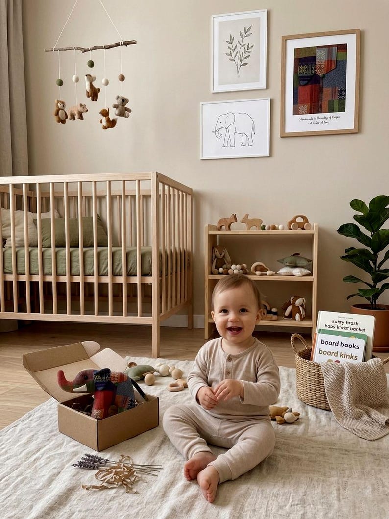 Op de afbeelding: Een babykamer met een houten ledikant, planken en ingelijste kunst. Een baby zit op een kleed omringd door speelgoed. Een mobiel met vilten dieren hangt boven de wieg. Een open kartonnen doos bevat een stoffen olifant.