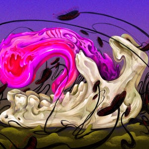 May include: Digital art print featuring a stylized skull with a vibrant pink and red organic shape flowing through it. Dark tendrils and seed-like shapes surround the skull against a purple and green background.
