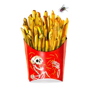 French Fries Skeleton Watercolor Art Print – Macabre Snack Wall Art (12"x12")