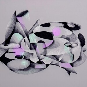 May include: Abstract artwork with a complex arrangement of geometric shapes in black, white, and grey, with lavender and mint green accents. The composition includes rounded and angular forms, creating a dynamic visual effect. The artwork is set against a light grey background.