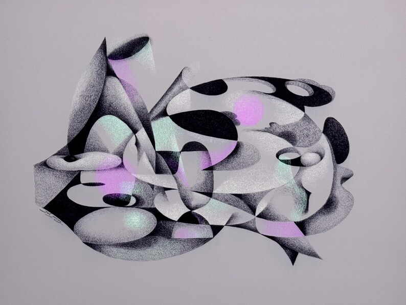 May include: Abstract artwork with a complex arrangement of geometric shapes in black, white, and grey, with lavender and mint green accents. The composition includes rounded and angular forms, creating a dynamic visual effect. The artwork is set against a light grey background.