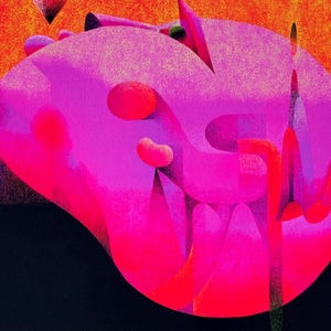 May include: Abstract painting with a vibrant color palette. The artwork features a large, rounded shape in shades of pink and magenta, contrasted against a black and orange background. Red accents and geometric forms add visual interest.