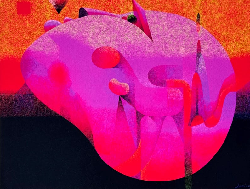 May include: Abstract painting with a vibrant color palette. The artwork features a large, rounded shape in shades of pink and magenta, contrasted against a black and orange background. Red accents and geometric forms add visual interest.