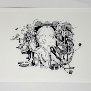 May include: Black and white abstract art print featuring a surreal composition of human faces, musical instruments, and geometric shapes. The artwork is rendered in shades of gray, creating a monochromatic effect. The print is on a white background.