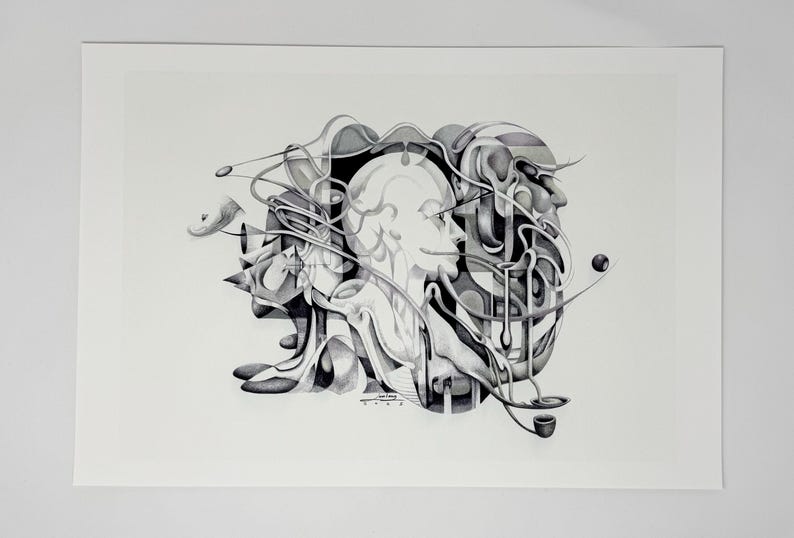 May include: Black and white abstract art print featuring a surreal composition of human faces, musical instruments, and geometric shapes. The artwork is rendered in shades of gray, creating a monochromatic effect. The print is on a white background.