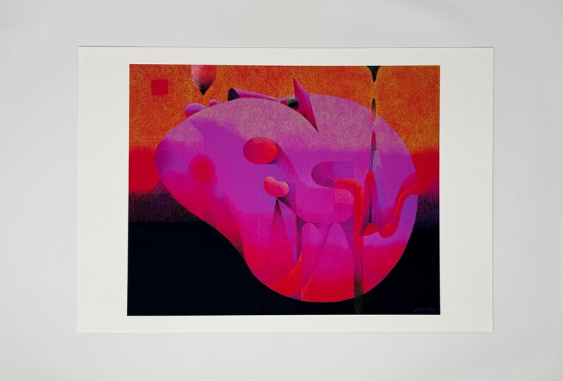 May include: Abstract art print featuring a large, biomorphic shape in shades of pink and red against an orange and black background. The artwork has a textured appearance and is framed in a white border.