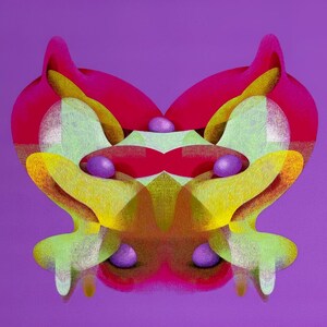 May include: Abstract digital art piece featuring a symmetrical design with a purple background. The artwork showcases a combination of shapes and colors, including red, yellow, green, and purple. The composition has a 3D effect.