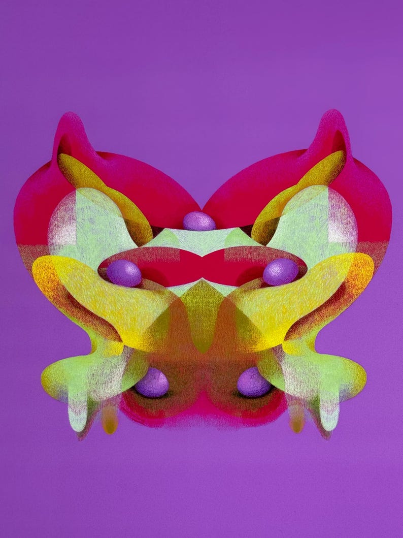 May include: Abstract digital art piece featuring a symmetrical design with a purple background. The artwork showcases a combination of shapes and colors, including red, yellow, green, and purple. The composition has a 3D effect.