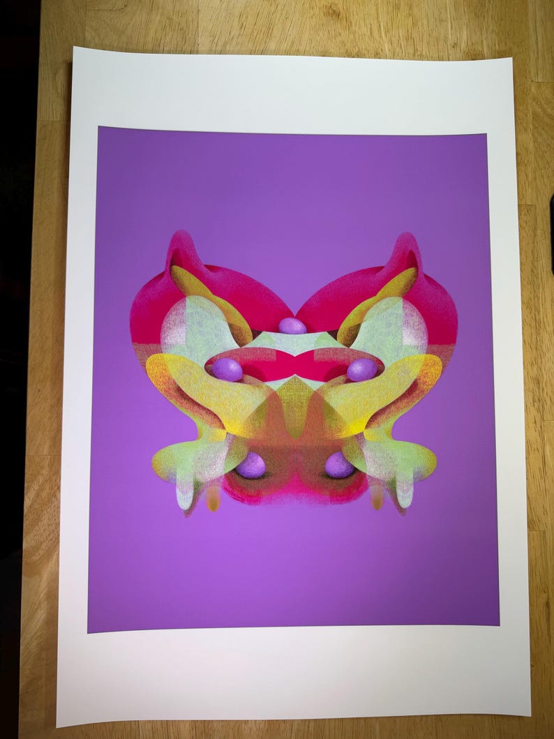 May include: Abstract art print featuring a symmetrical design with a purple background. The artwork showcases a vibrant mix of colors, including pink, yellow, and green, creating a visually striking composition. The print is on white paper.