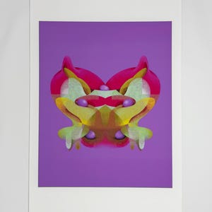 May include: Abstract art print featuring a symmetrical design in shades of pink, yellow, green, and purple. The artwork has a central, heart-like shape with rounded forms and a vibrant color palette, set against a solid purple background.