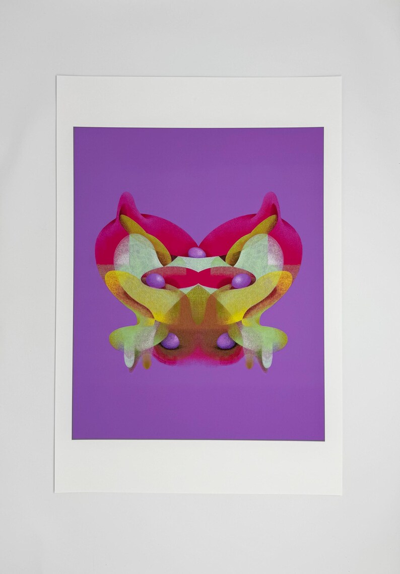 May include: Abstract art print featuring a symmetrical design in shades of pink, yellow, green, and purple. The artwork has a central, heart-like shape with rounded forms and a vibrant color palette, set against a solid purple background.
