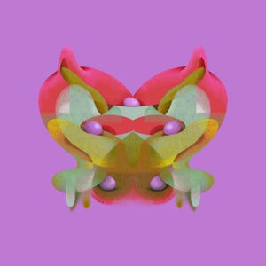 May include: Abstract digital art piece featuring a symmetrical design with a purple background. The artwork showcases a heart-like shape in shades of red, yellow, green, and purple, with rounded forms and a textured appearance.