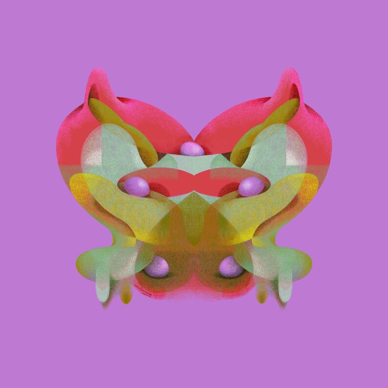 May include: Abstract digital art piece featuring a symmetrical design with a purple background. The artwork showcases a heart-like shape in shades of red, yellow, green, and purple, with rounded forms and a textured appearance.