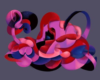 Abstract Pink Blue Ribbons Art Print, Rounded Shapes Fine Art Paper (13"x19")