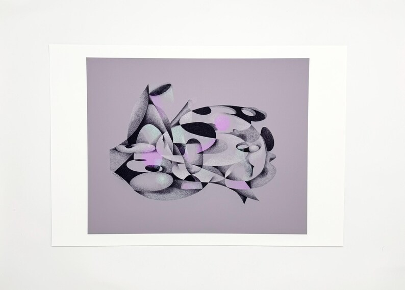 May include: Abstract art print with a complex arrangement of geometric shapes in black, white, and shades of grey, with accents of soft pink. The artwork is set against a muted lavender background, framed in white.