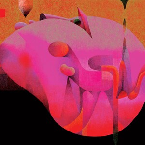 May include: Abstract digital art print featuring a large, pink, organic shape with orange and red accents against a textured orange and black background. The artwork includes geometric and flowing forms.