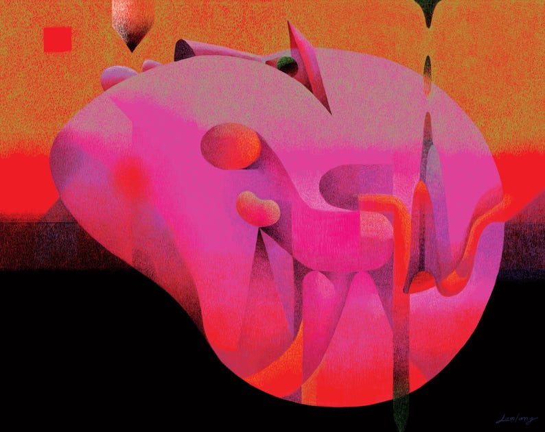 May include: Abstract digital art print featuring a large, pink, organic shape with orange and red accents against a textured orange and black background. The artwork includes geometric and flowing forms.