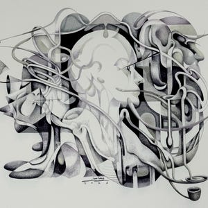 May include: An abstract black and white drawing featuring multiple human profiles and geometric shapes. The artwork includes curved lines, spheres, and a cup-like object. The artist's signature and the year 2005 are visible at the bottom.