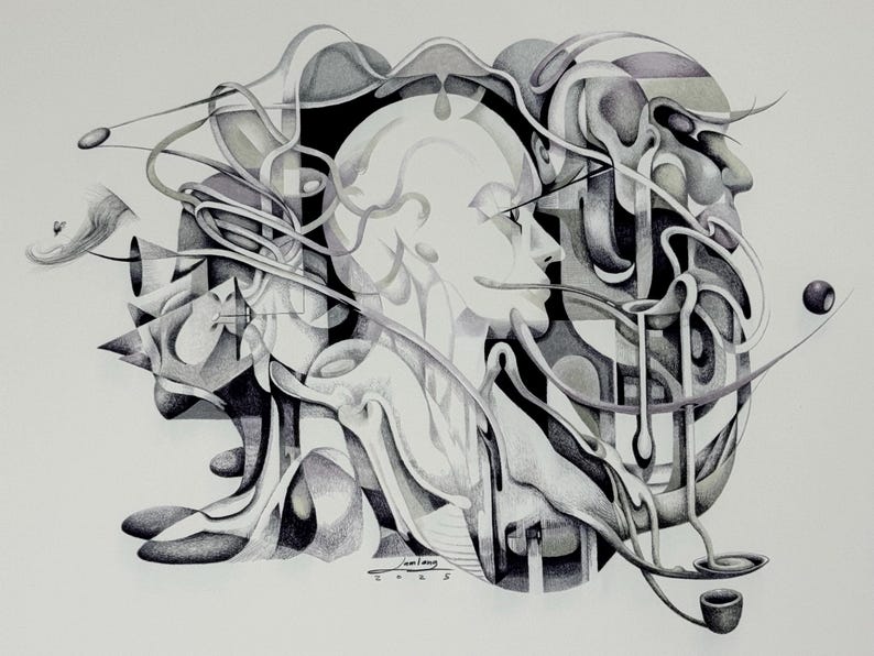 May include: An abstract black and white drawing featuring multiple human profiles and geometric shapes. The artwork includes curved lines, spheres, and a cup-like object. The artist's signature and the year 2005 are visible at the bottom.