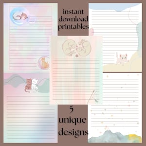 Puede incluir: Cinco diseños de papelería imprimibles únicos con ilustraciones de gatos. Cada diseño tiene páginas rayadas con fondos pastel de acuarela. También se ve el texto "instant download printables" y "5 unique designs".