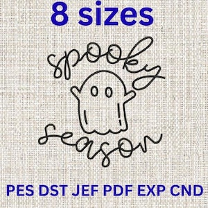 May include: A black line art design on a textured background. The design features the words "spooky season" with a ghost illustration. The text "8 sizes" is above the design in blue. Below the design are file type abbreviations.