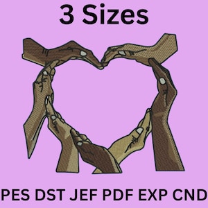 May include: An embroidered design of hands in different skin tones creating a heart shape, on a light purple backdrop. The text "3 Sizes" is at the top. Below the heart are the file formats: PES DST JEF PDF EXP CND.
