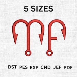 May include: Red fishing hook design with the text "5 SIZES" at the top. Below the hooks are the file types: DST PES EXP CND JEF PDF. The image is on a white textured background.