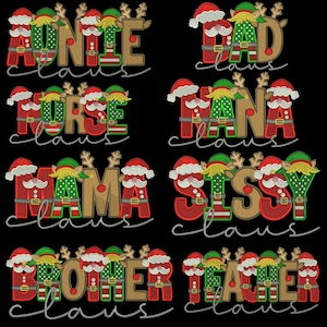May include: A collection of Christmas-themed text designs on a black background. The designs include words like "Auntie", "Dad", "Nurse", "Mama", "Sissy", "Brother", and "Teacher", each with a Santa Claus and reindeer theme.